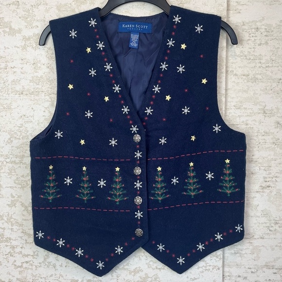 KAREN SCOTT Christmas Holiday Vest Embroidered Snowflakes and Trees Blue MP - Picture 1 of 12